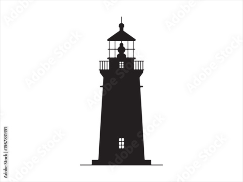 A stark black lighthouse tower beaming light across the dark sea silhouette vector isolated on white background
