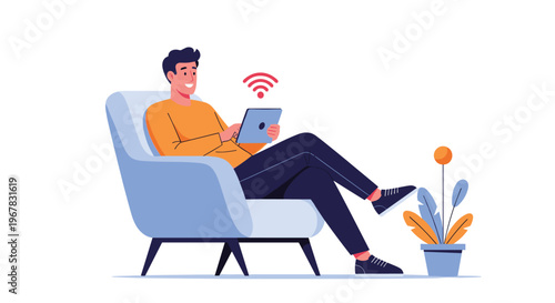 Happy man sitting in a comfortable armchair using a digital tablet with a strong wireless wifi signal icon above.