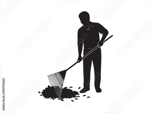 Silhouette of a farmer raking leaves in a field vector isolated on white background