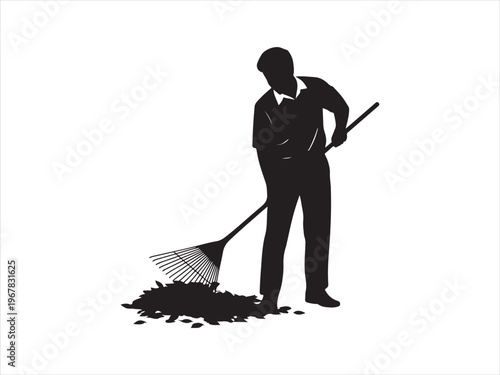 Silhouette of a farmer raking leaves in a field vector isolated on white background