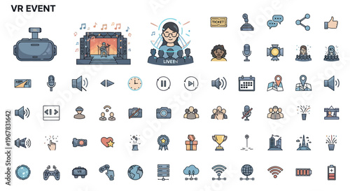 Pixel Art VR Event Icons: Virtual Reality, Technology, Gaming, and Entertainment Icons