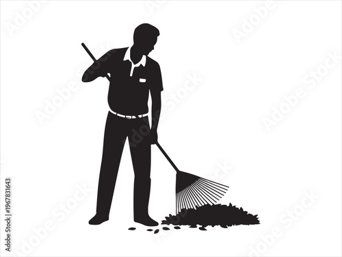 Silhouette of a farmer raking leaves in a field vector isolated on white background