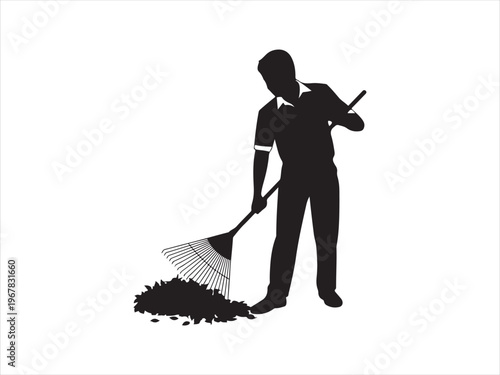 Silhouette of a farmer raking leaves in a field vector isolated on white background