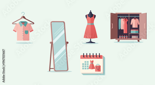 Fashion Wardrobe Flat Illustration: Dress, Shirt, Mirror, Closet, Calendar