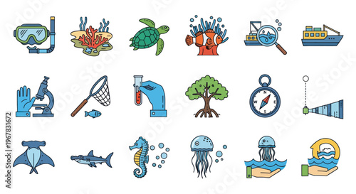 Oceanography Icons Set: Marine Life, Research, and Exploration Tools