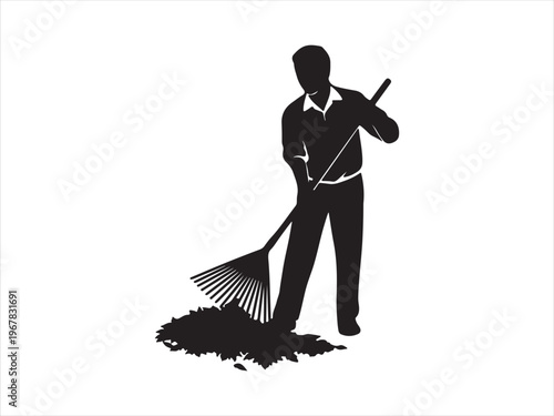 Silhouette of a farmer raking leaves in a field vector isolated on white background