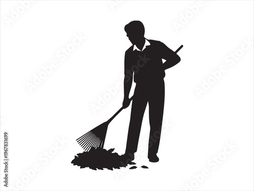 Silhouette of a farmer raking leaves in a field vector isolated on white background
