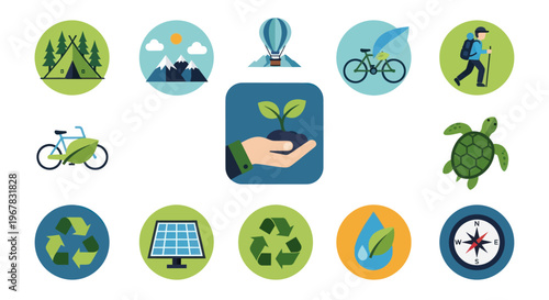 Eco-friendly icons: nature, sustainability, recreation, and adventure.