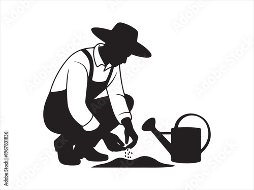 A man planting seedling in soil person vector silhouette, Silhouette of gardener planting seeds agriculture farming vector illustration
