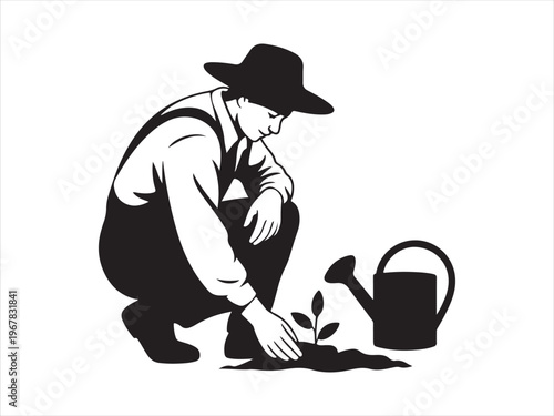 A man planting seedling in soil person vector silhouette, Silhouette of gardener planting seeds agriculture farming vector illustration