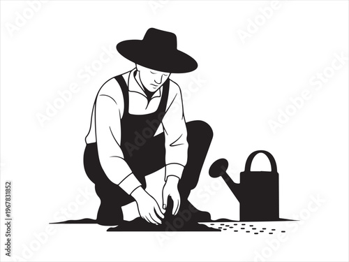 A man planting seedling in soil person vector silhouette, Silhouette of gardener planting seeds agriculture farming vector illustration