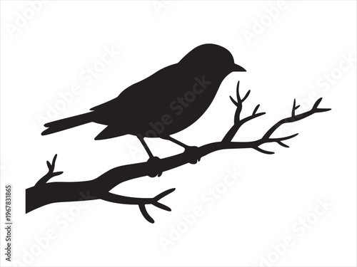 Black silhouette of a bird on a branch flat vector, Silhouette of bird perched on tree branch, minimal wildlife vector illustration
