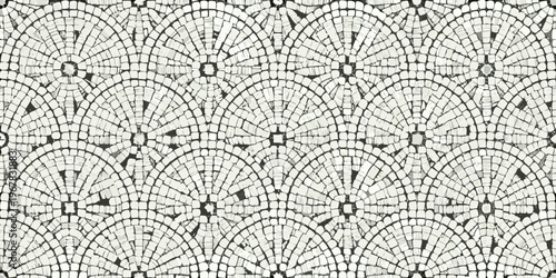 Intricate mosaic pattern featuring repeating arched shapes in neutral tones