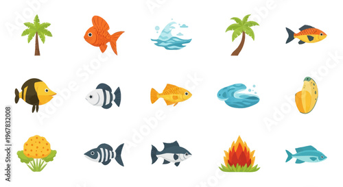 Ocean Life Icons: Tropical Fish, Palm Trees, Waves and Coral Reefs