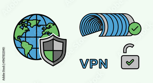 Global VPN Security: Earth, Shield, Tunnel, Unlocked Padlock Icons