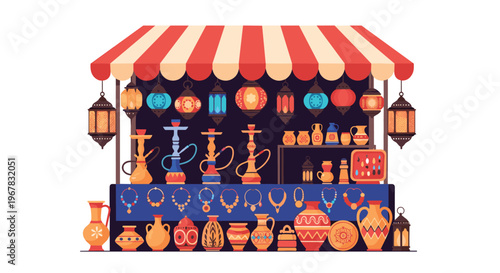 Vibrant outdoor market stall at night filled with colorful lamps, pottery, vases, and traditional oriental hookahs.