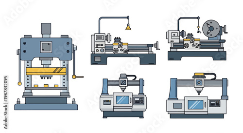 Industrial Machinery Set: Lathe, Press, CNC Machines, Manufacturing Equipment Icons