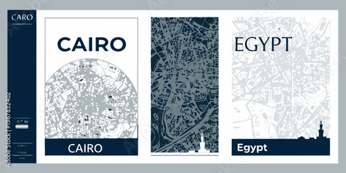 A triptych featuring maps and text related to Cairo and Egypt