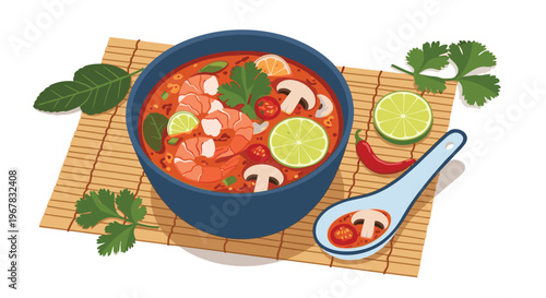 Traditional Thai spicy and sour tom yum soup with shrimp and fresh mushrooms served in a bowl on a bamboo mat in a top view perspective.