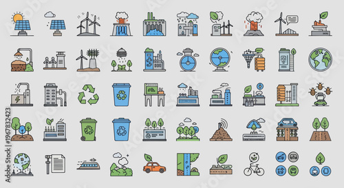 Eco-friendly city icons: renewable energy, sustainability, green technology, and urban development