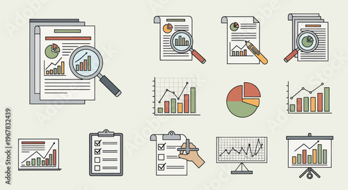 Business Analytics Icons: Charts, Graphs, Magnifying Glass, Checklist, Presentation