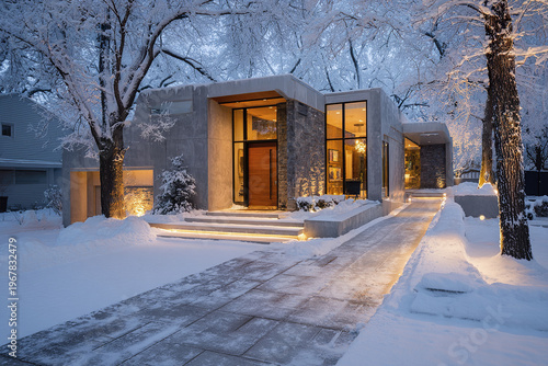 Modern house entrance with snow covered path and trees at winter twilight, warm lights glowing inside and outside, creating cozy and inviting atmosphere in snowy landscape