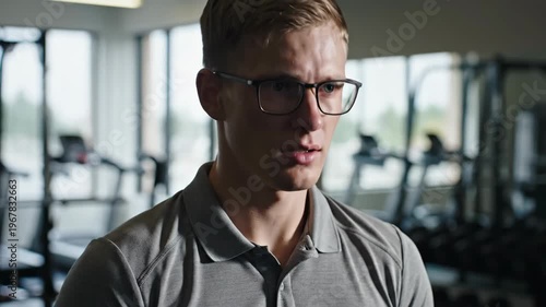 Young man working on a laptop in a modern gym interior