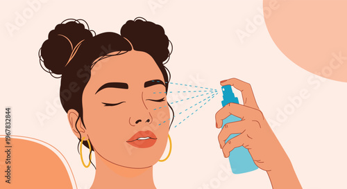 Young woman closing her eyes while spraying a refreshing facial mist on her skin for a daily skincare treatment and hydration.