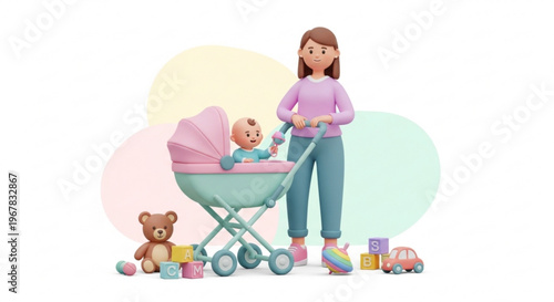A smiling mother pushing a baby stroller with toys and a teddy bear on the ground