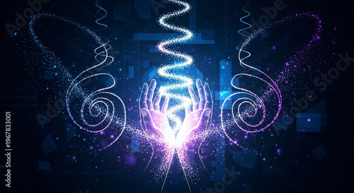 Glowing hands cradling a radiant blue and purple energy vortex with swirling lines and sparks in a dark mystical background