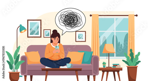 Sad young girl sitting on a sofa with a phone feeling stressed and anxious with a scribbled cloud icon over her head.
