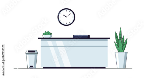 Clean and modern empty office reception desk with a small plant clock and a trash can isolated on a white background.
