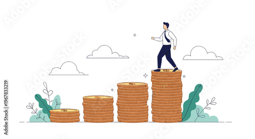 Successful businessman walking up a rising graph of stacked gold coins representing personal wealth and financial growth.