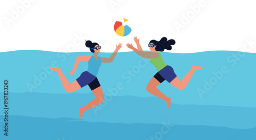 Two young women wearing goggles playing with a colorful beach ball while swimming in the deep blue sea water on holiday.