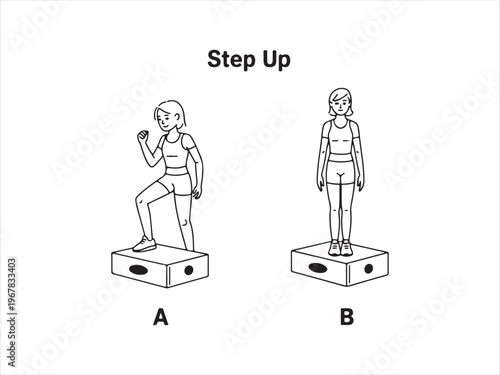 Step up exercise guide illustration vector fitness workout steps woman training isolated on white background