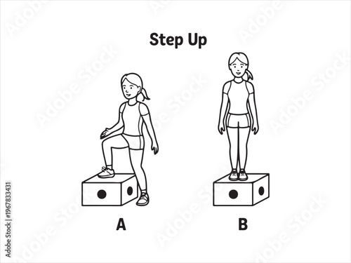 Step up exercise guide illustration vector fitness workout steps woman training isolated on white background