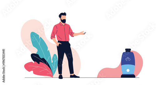 Modern man standing near a stylish blue robot vacuum cleaner in a clean home interior concept for smart living.