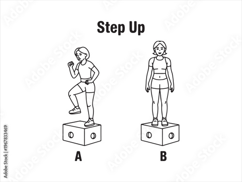Step up exercise guide illustration vector fitness workout steps woman training isolated on white background