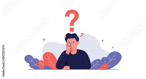 Young man looking confused and thinking with a large red question mark over his head on a simple abstract background.