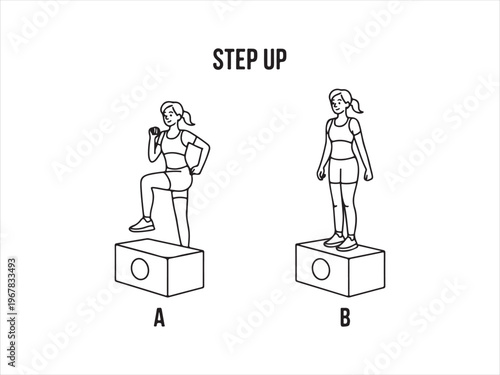 Step up exercise guide illustration vector fitness workout steps woman training isolated on white background