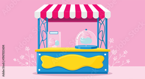 Colorful pink and blue cotton candy street stall with a striped awning in a flat design illustration style for fairs.