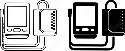 Digital blood pressure monitor for everyday healthcare. Minimalist monoline and solid vector icons