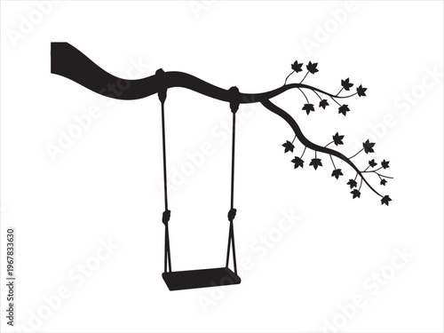Tree Swing Silhouette Vector, Hanging Swing on Branch with Leaves Nature Childhood Concept Isolated on White Background