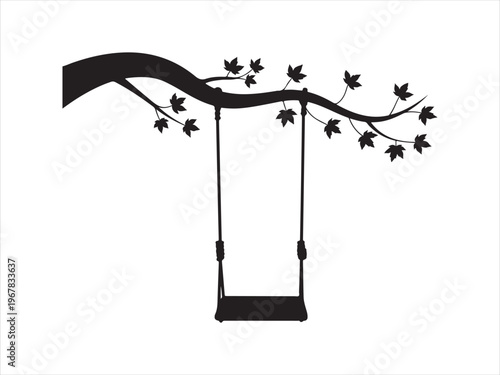 Tree Swing Silhouette Vector, Hanging Swing on Branch with Leaves Nature Childhood Concept Isolated on White Background