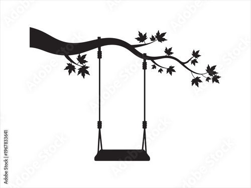 Tree Swing Silhouette Vector, Hanging Swing on Branch with Leaves Nature Childhood Concept Isolated on White Background