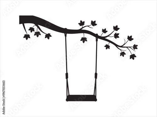 Tree Swing Silhouette Vector, Hanging Swing on Branch with Leaves Nature Childhood Concept Isolated on White Background