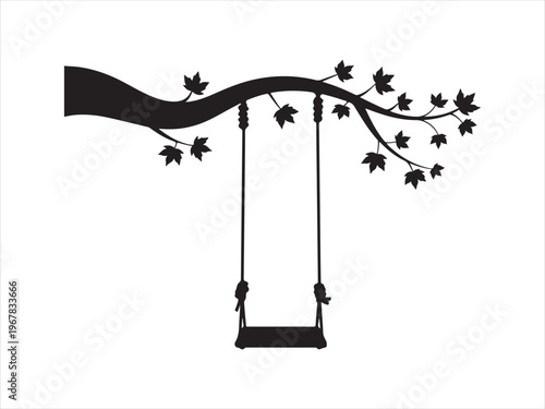 Tree Swing Silhouette Vector, Hanging Swing on Branch with Leaves Nature Childhood Concept Isolated on White Background