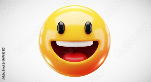 Smiling face emoji with open mouth on white background expressing joy and happiness in a digital illustration