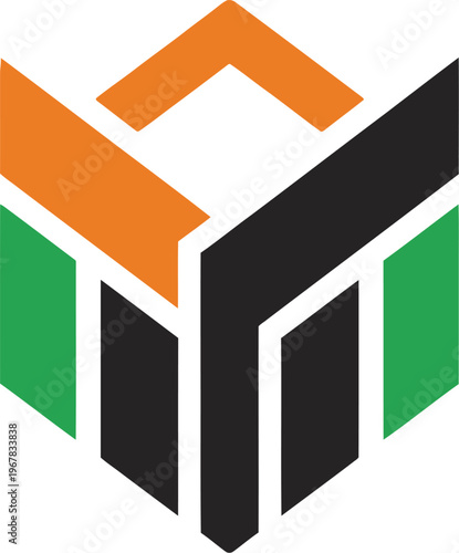 Abstract Geometric Shape with Green, Orange, and Black Elements.