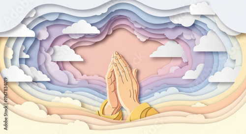 Hands clasped in prayer against a serene layered sky with clouds symbolizing hope and spirituality